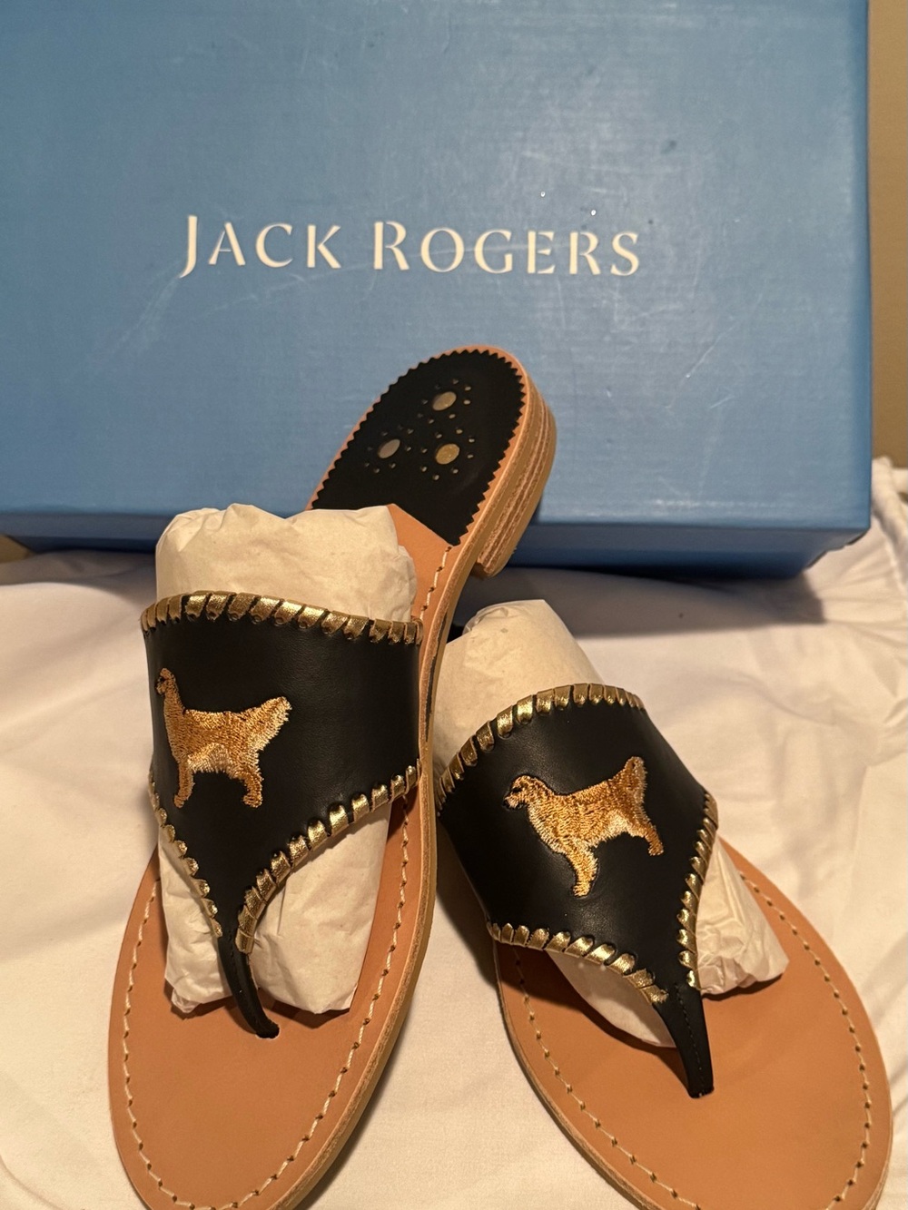 NWOT Jack Rogers Navy Blue & Tan Embroidered Dog Thong Sandals - Women’s size 9 - Picture 3 of 9